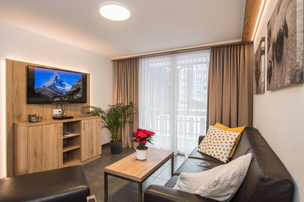 En moderne stue med et fladskærms-tv, træskabe, et sofabord med en potteplante og en lædersofa.
