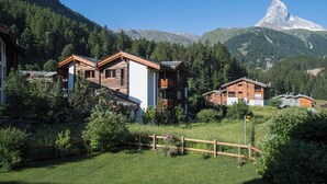 Un chalet de montagne doté de plusieurs cabanes en bois, entouré d’une végétation luxuriante et avec, en toile de fond, le sommet imposant d’une montagne.