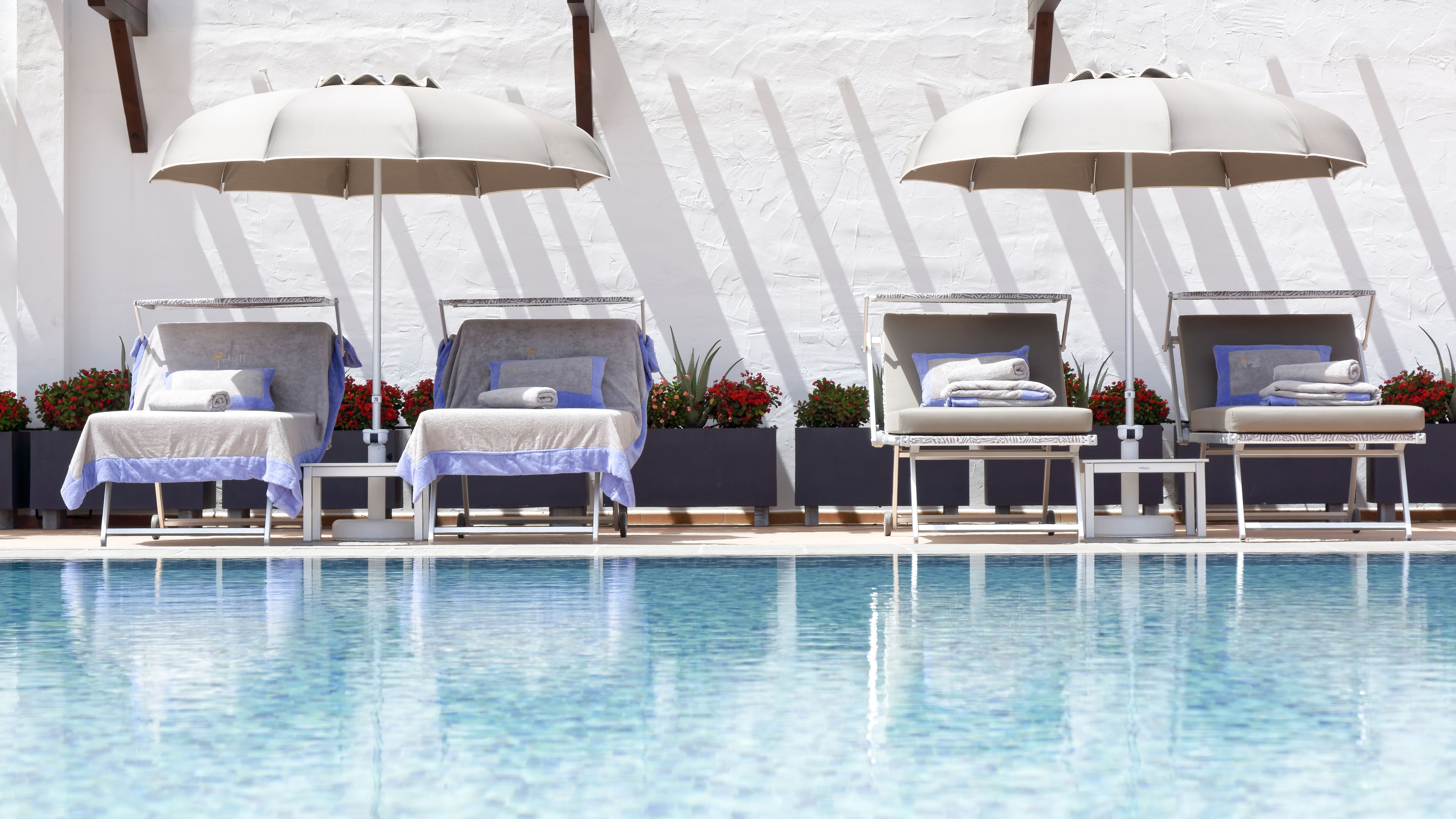 Un espace aménagé au bord de la piscine, avec des chaises longues et des parasols, une piscine à eau claire et des plantes en pot.