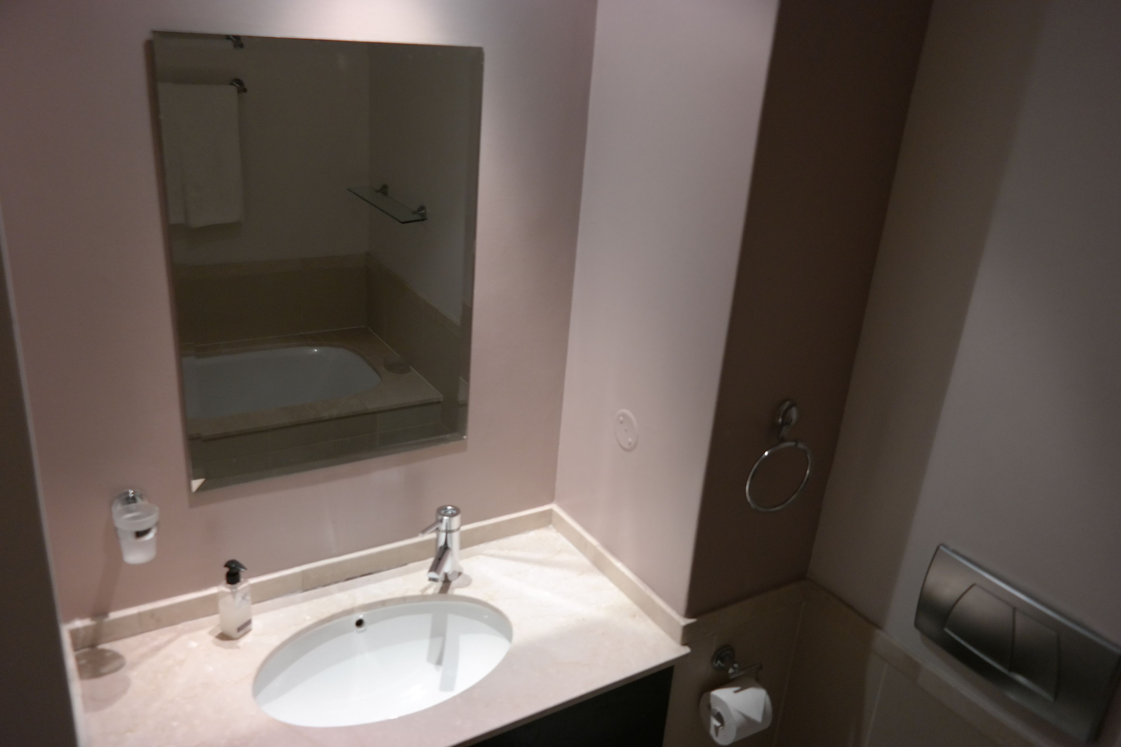 A bathroom with a sink, mirror, and a towel rack.