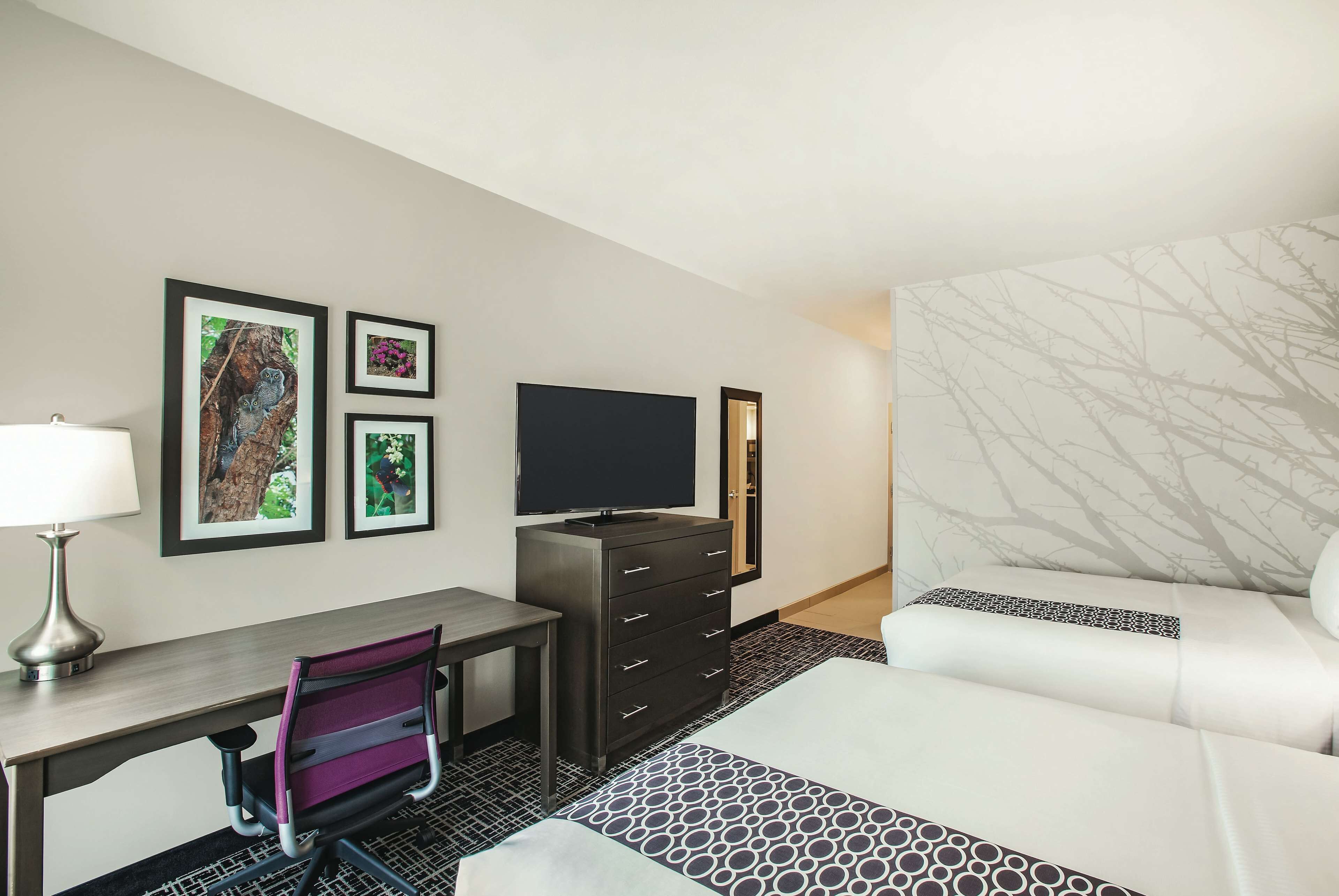 Une chambre d’hôtel équipée d’un bureau, d’une chaise, d’une télévision, d’une commode et d’un lit avec une literie à motifs.