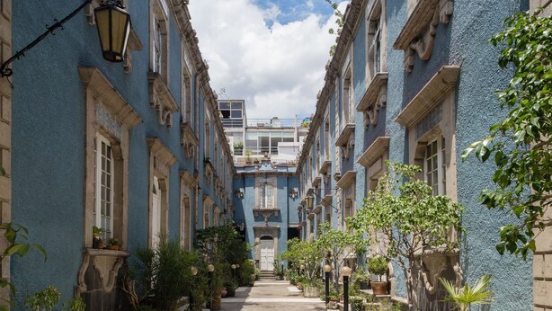Um beco estreito com edifícios azuis, plantas em vasos e uma entrada central.