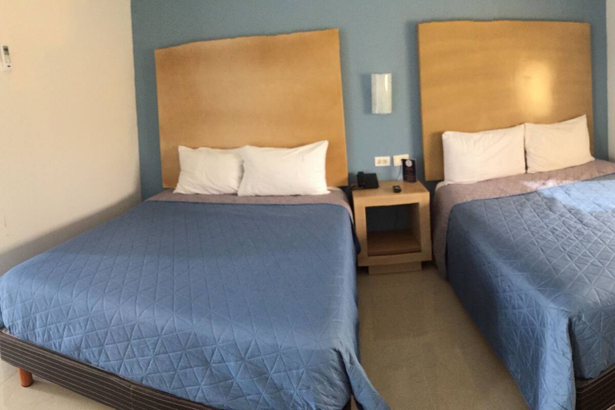 Two adjacent beds with headboards, a bedside table, and a wall socket.