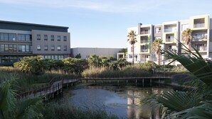 A modern building with a bridge over a pond surrounded by greenery. - Bougain Villas Apartments (Cape Town)
