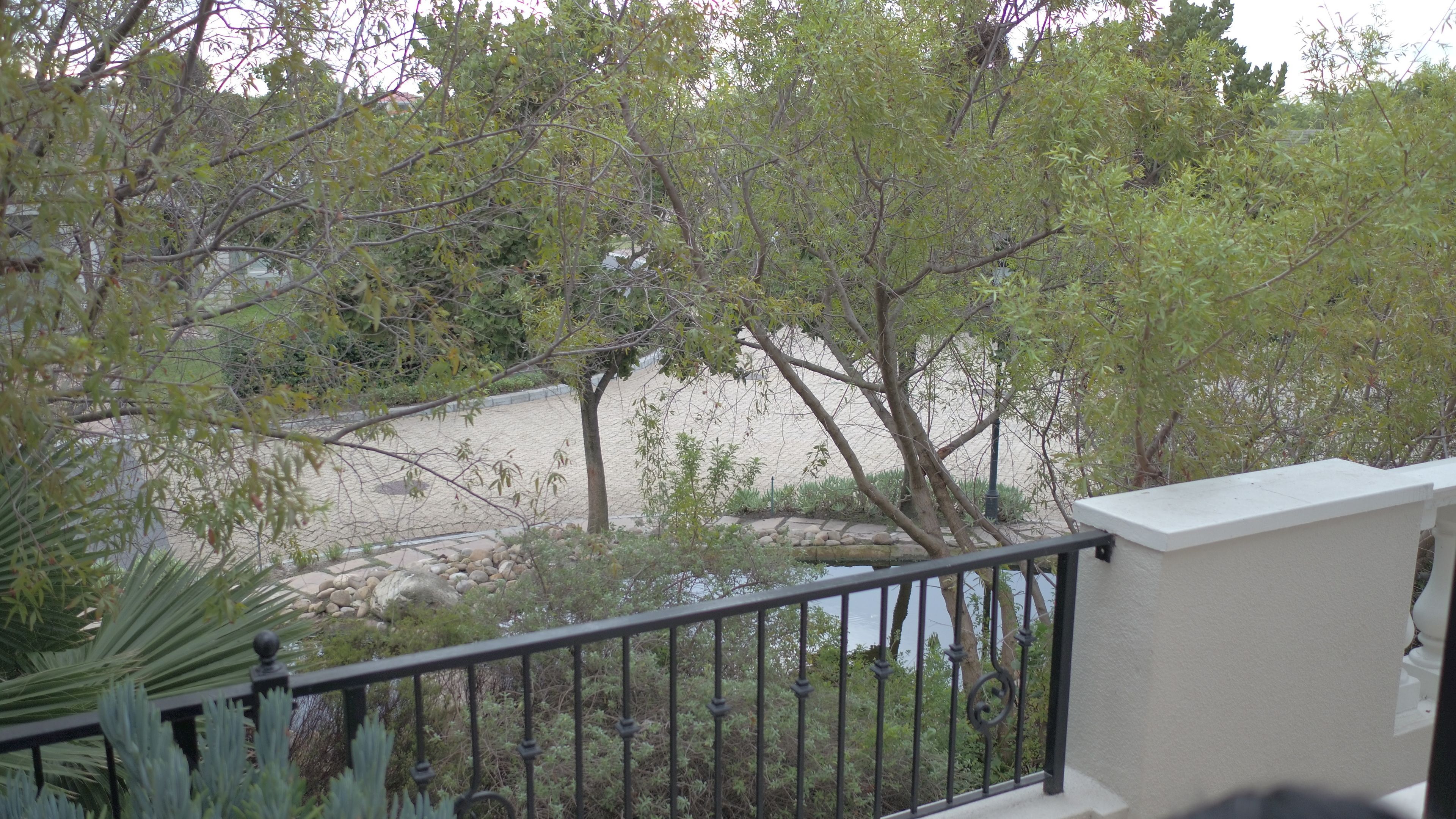 A balcony with a view of a landscaped area including trees and a small water feature.