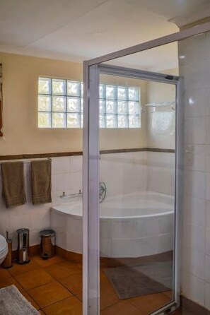 Een aparte badkuip en douche, een haardroger, handdoeken
