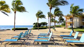 On the beach, free beach cabanas, sun-loungers, beach towels
