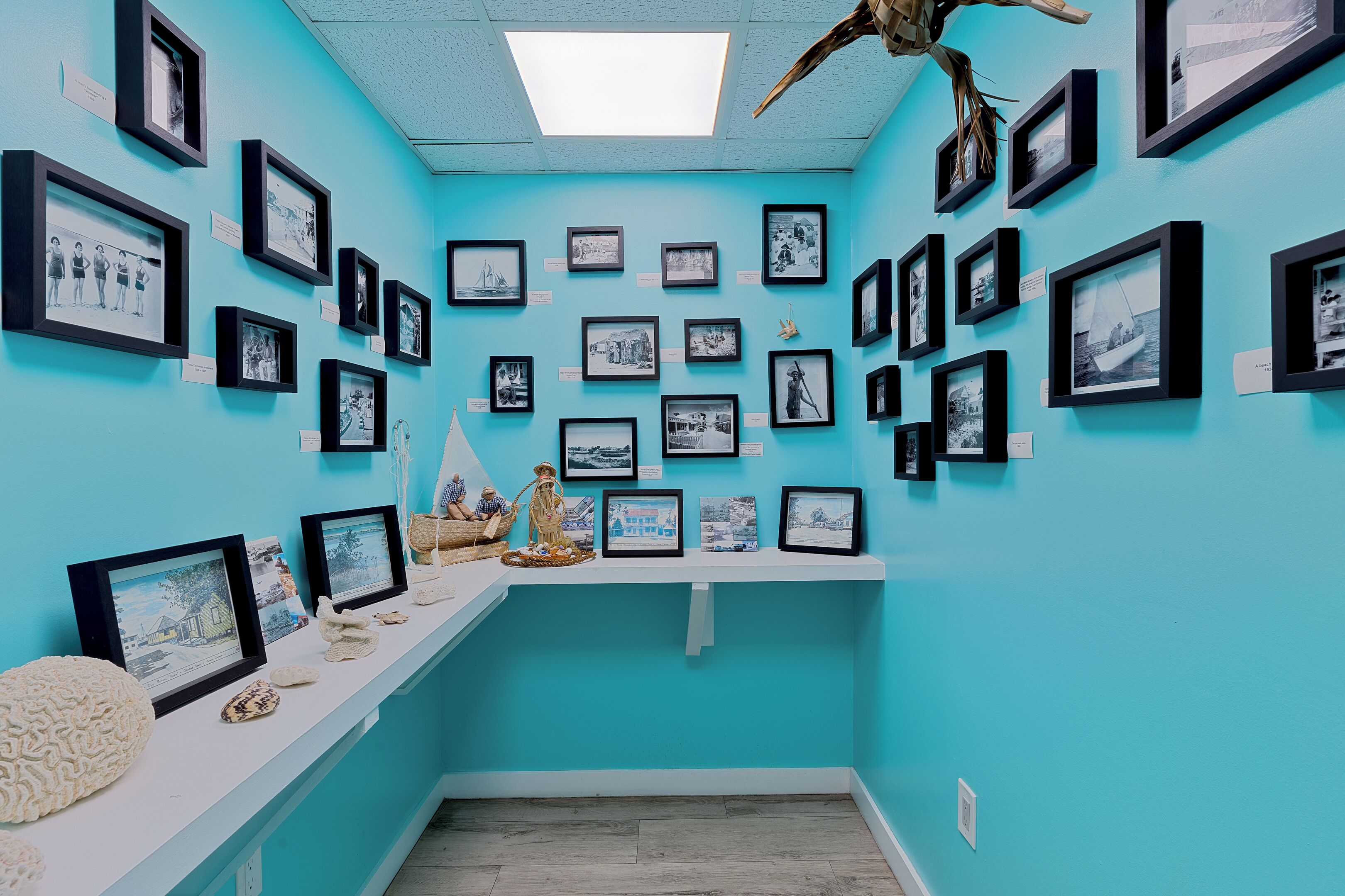 A gallery with framed photographs on teal walls, a white reception desk, and a ceiling light.
