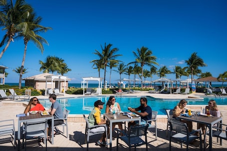 Breakfast, lunch, dinner served; international cuisine, pool views