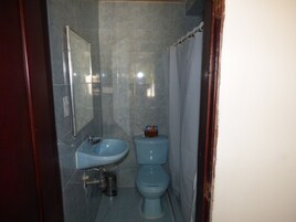 Un baño con lavabo, inodoro y cortina de ducha.