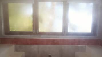 Bathroom features a large window with multiple views and a bathtub with a central drain.