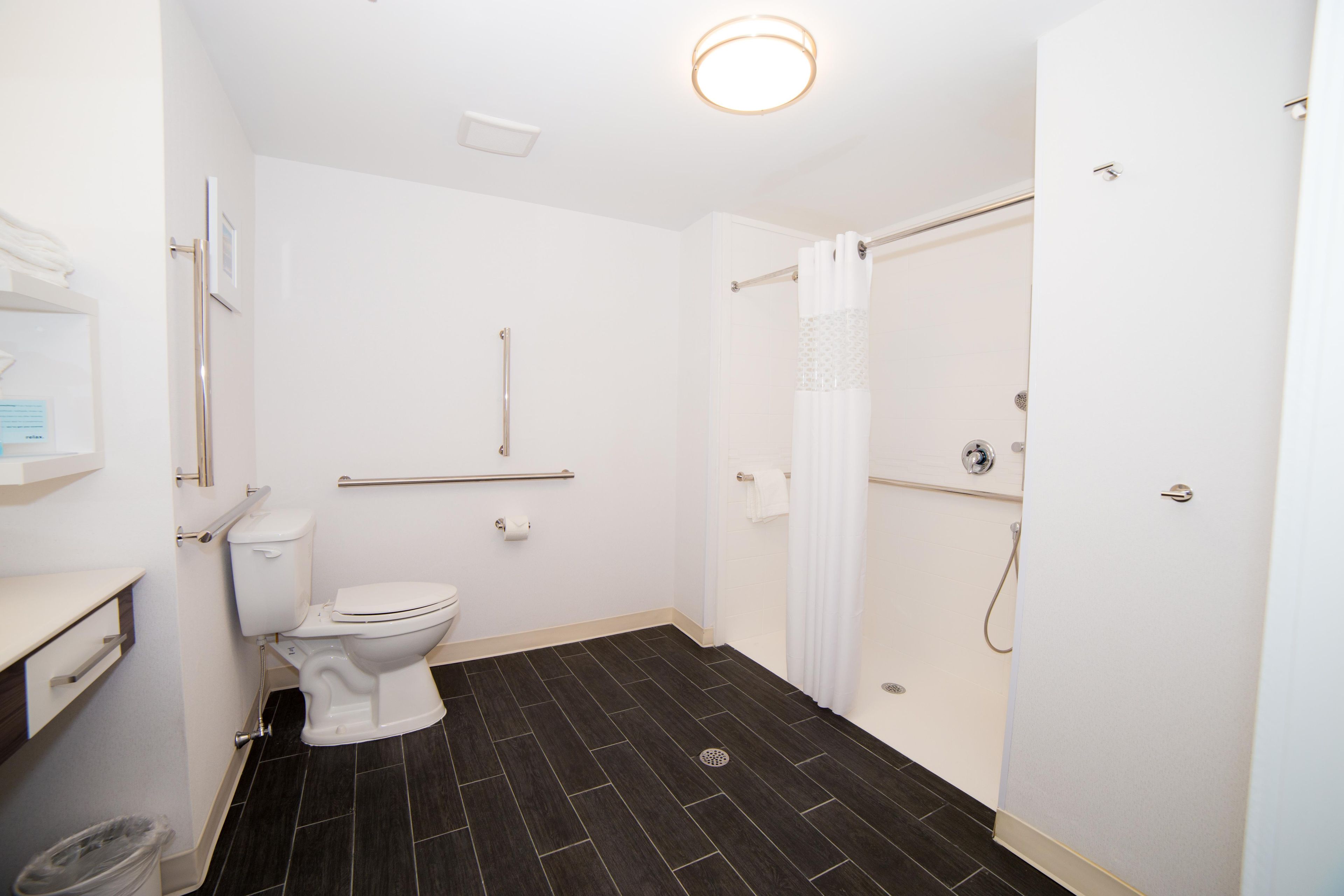 A bathroom with a toilet, a shower, and a handrail.