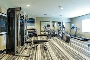 Un gimnasio con diversos equipos de ejercicio, incluyendo una banca de pesas, mancuernas y máquinas de cardio.
