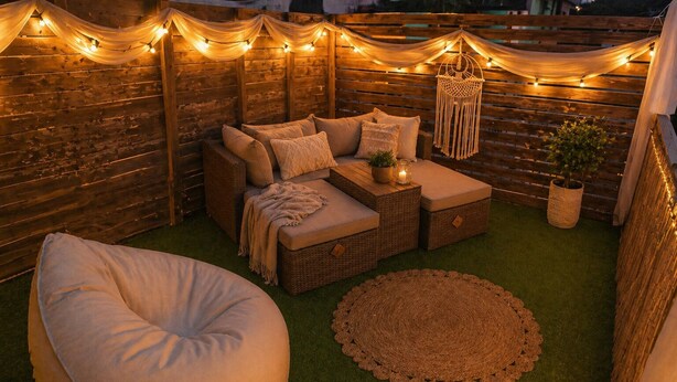 A cozy outdoor seating area with a cushioned bench, wicker ottoman, and a round woven rug. - Poseidon Apartments (Kefalonia)