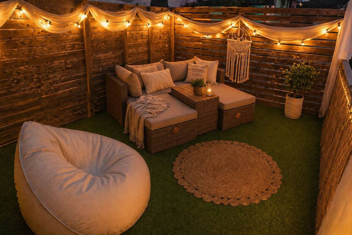 A cozy outdoor seating area with a cushioned bench, wicker ottoman, and a round woven rug.