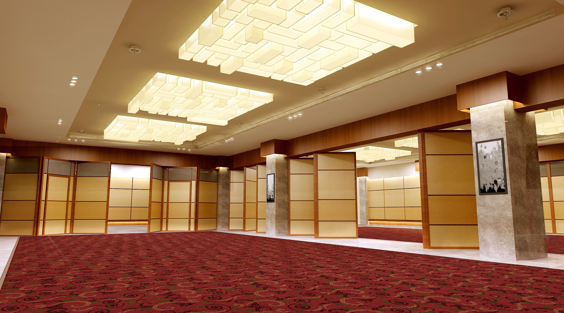 A spacious hotel lobby with a red carpet, wooden partitions, and modern ceiling lighting.