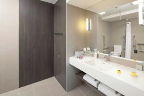 Shower, free toiletries, hair dryer, towels