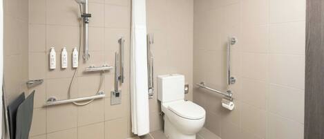 Une salle de bain moderne équipée d’une douche, de toilettes et de barres d’appui.