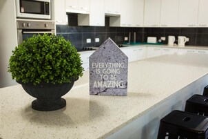 Una encimera de cocina con una planta en maceta y un cartel con forma de casa.