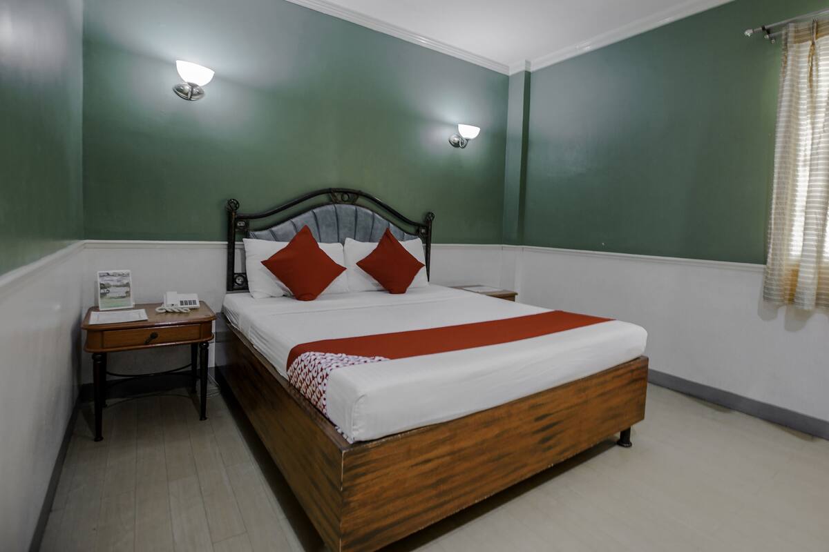Een net opgemaakt bed met houten frame, twee kussens en een rode deken. Er staat een nachtkastje met een lamp en een telefoon. De kamer heeft groene muren en een wit plafond.
