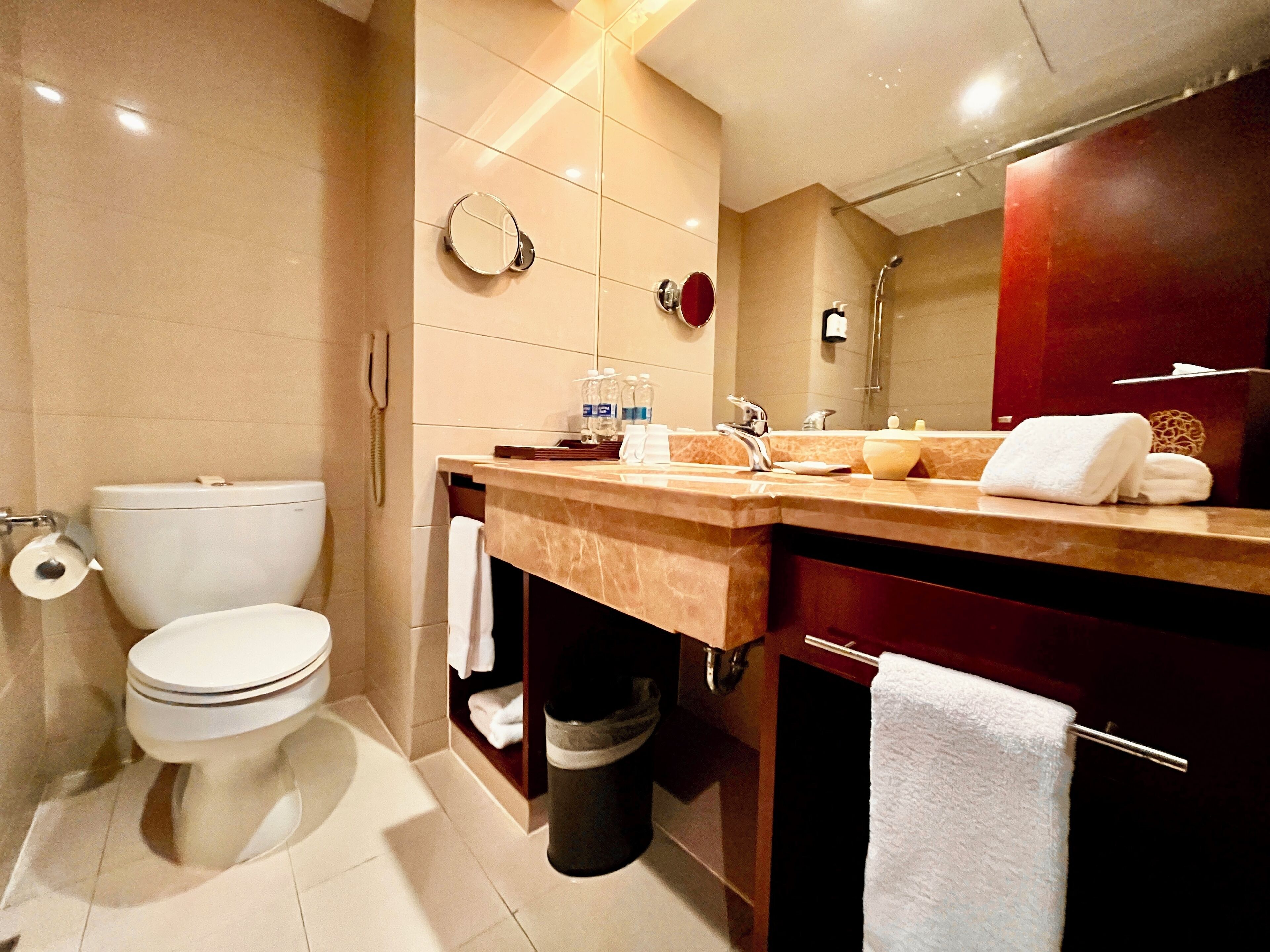 A modern bathroom with a toilet, sink, and mirror.