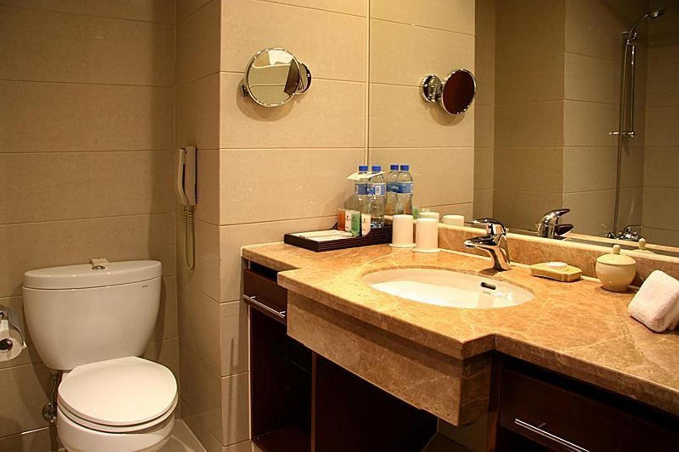 Une salle de bain avec des toilettes, un lavabo et un miroir.