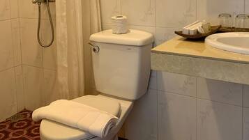 Shower, rainfall showerhead, free toiletries, hair dryer