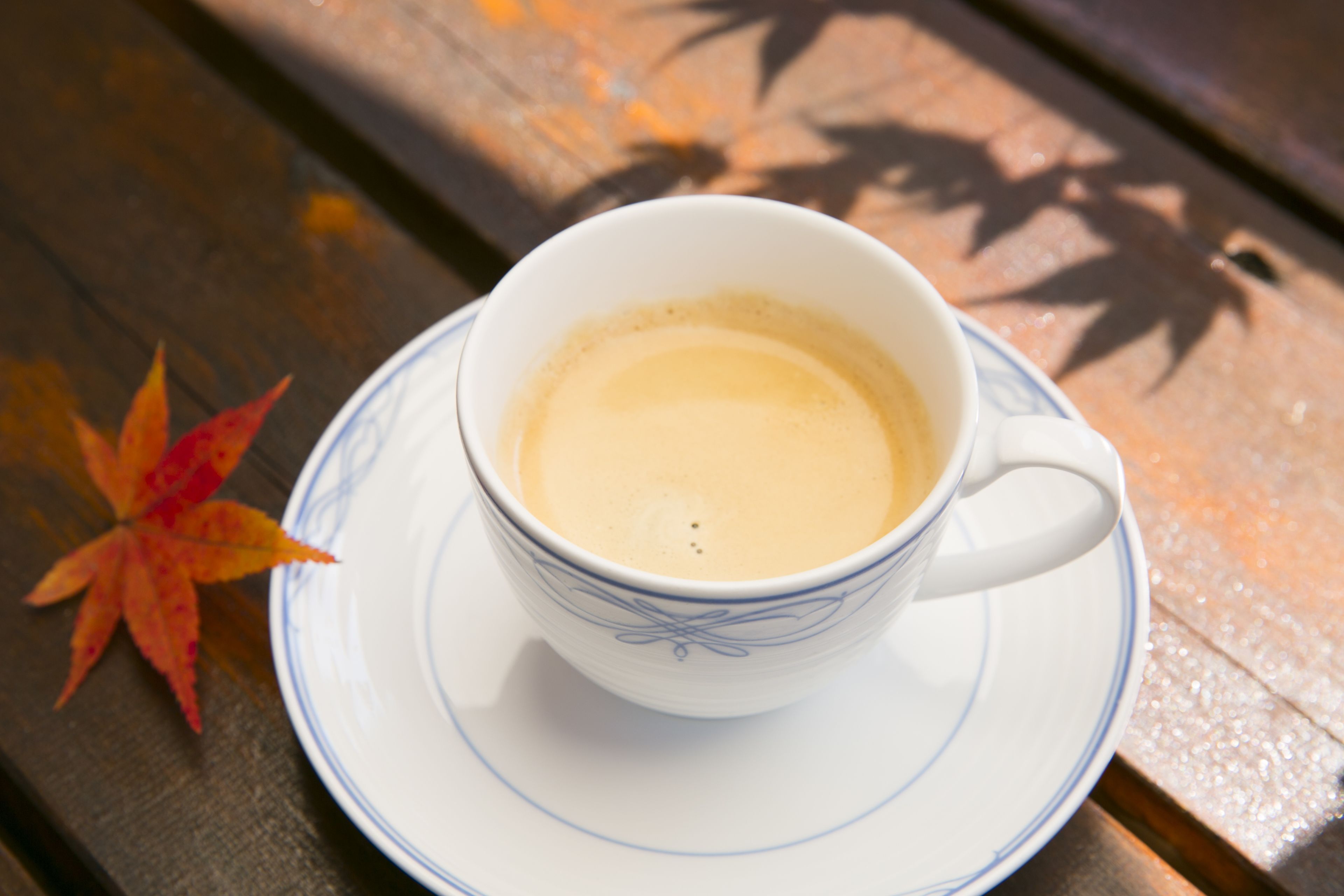 A white cup with blue patterns on a saucer, placed on a wooden surface with a red maple leaf beside it.