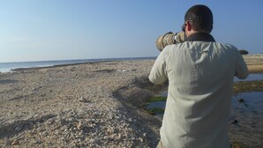 Una persona fotografiando una playa rocosa bajo un cielo despejado.