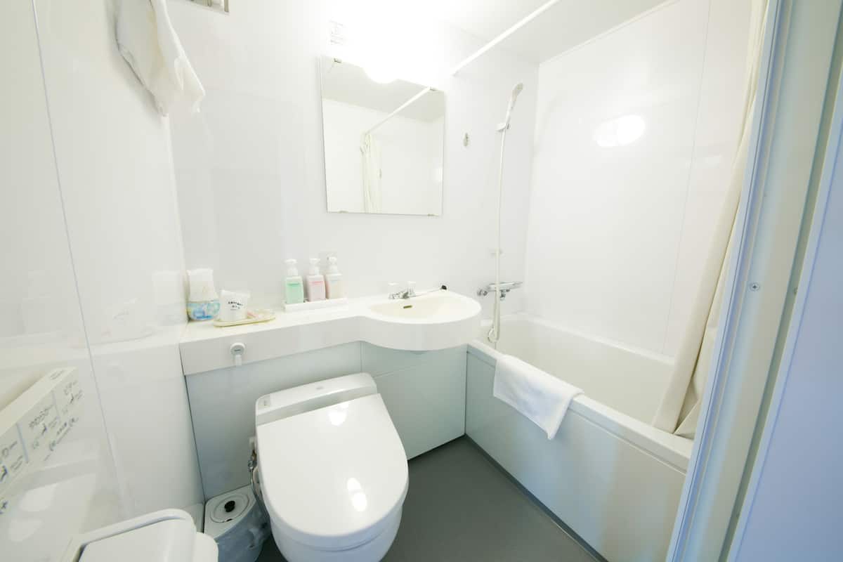 hair dryer, slippers, bidet, towels