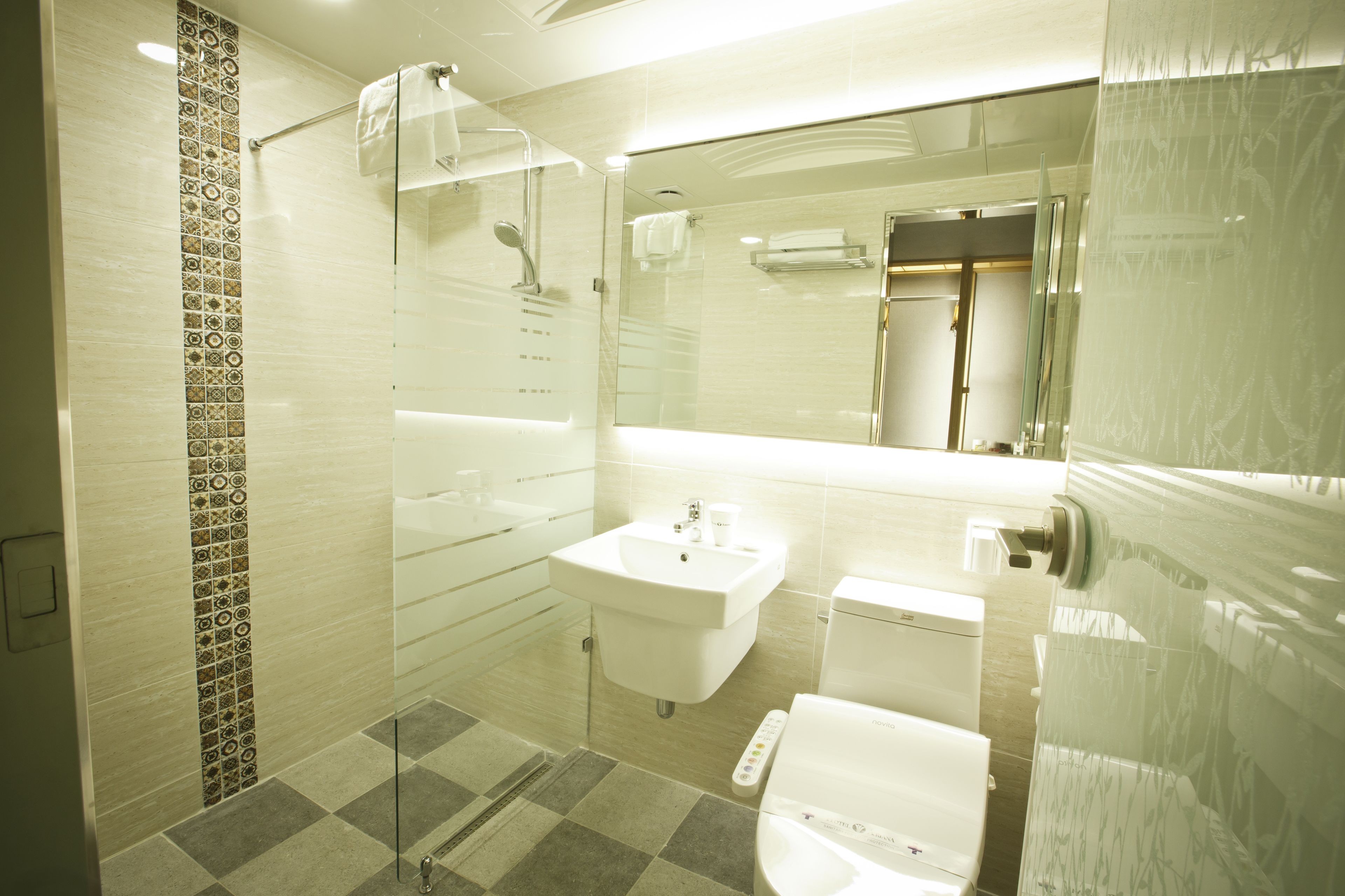 shower, free toiletries, hair dryer, bathrobes