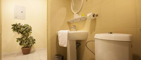 A bathroom with a toilet, sink, and mirror. There is a potted plant and a trash can.