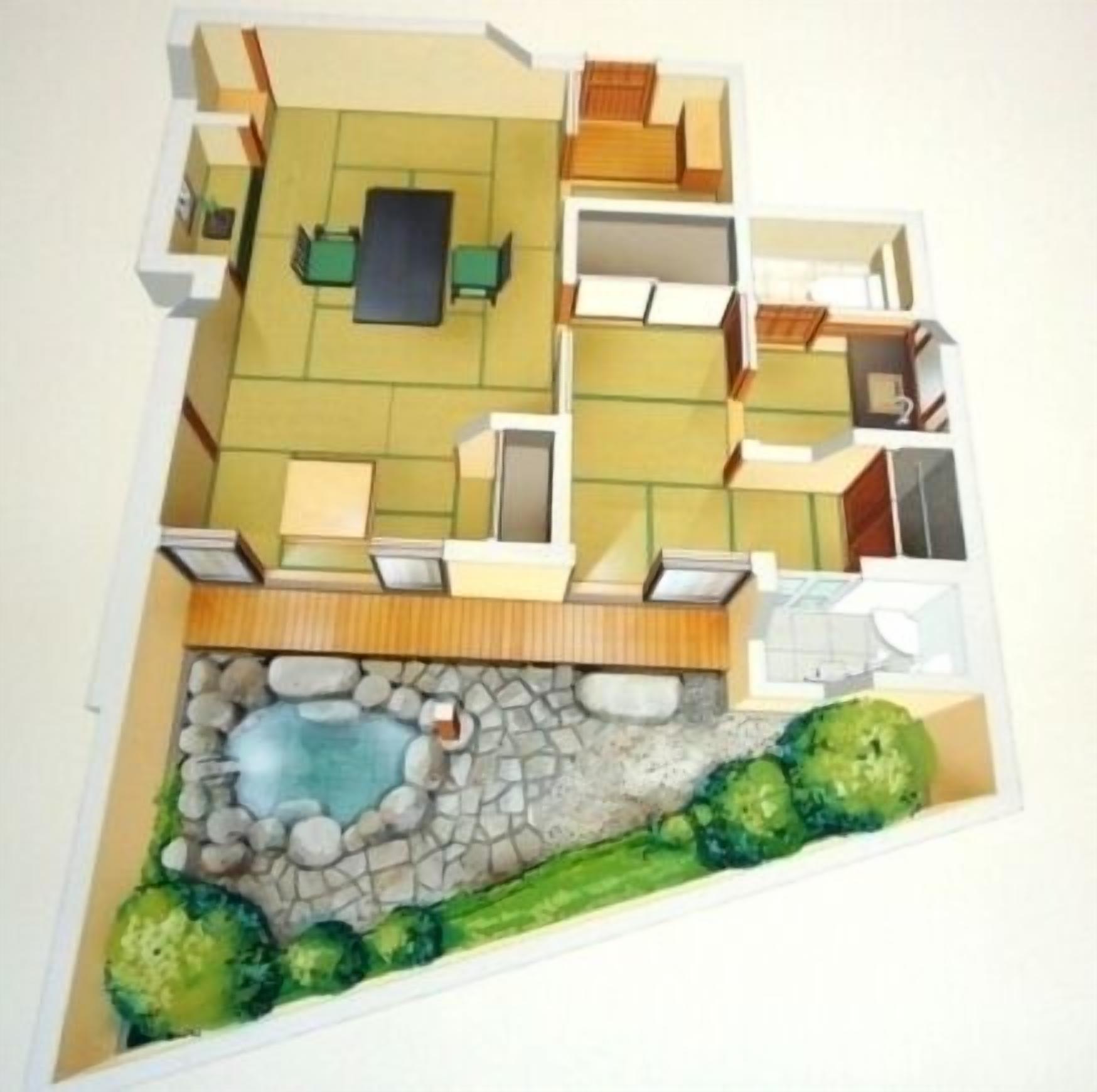 A 2-story building with a swimming pool, a garden area, and a patio.