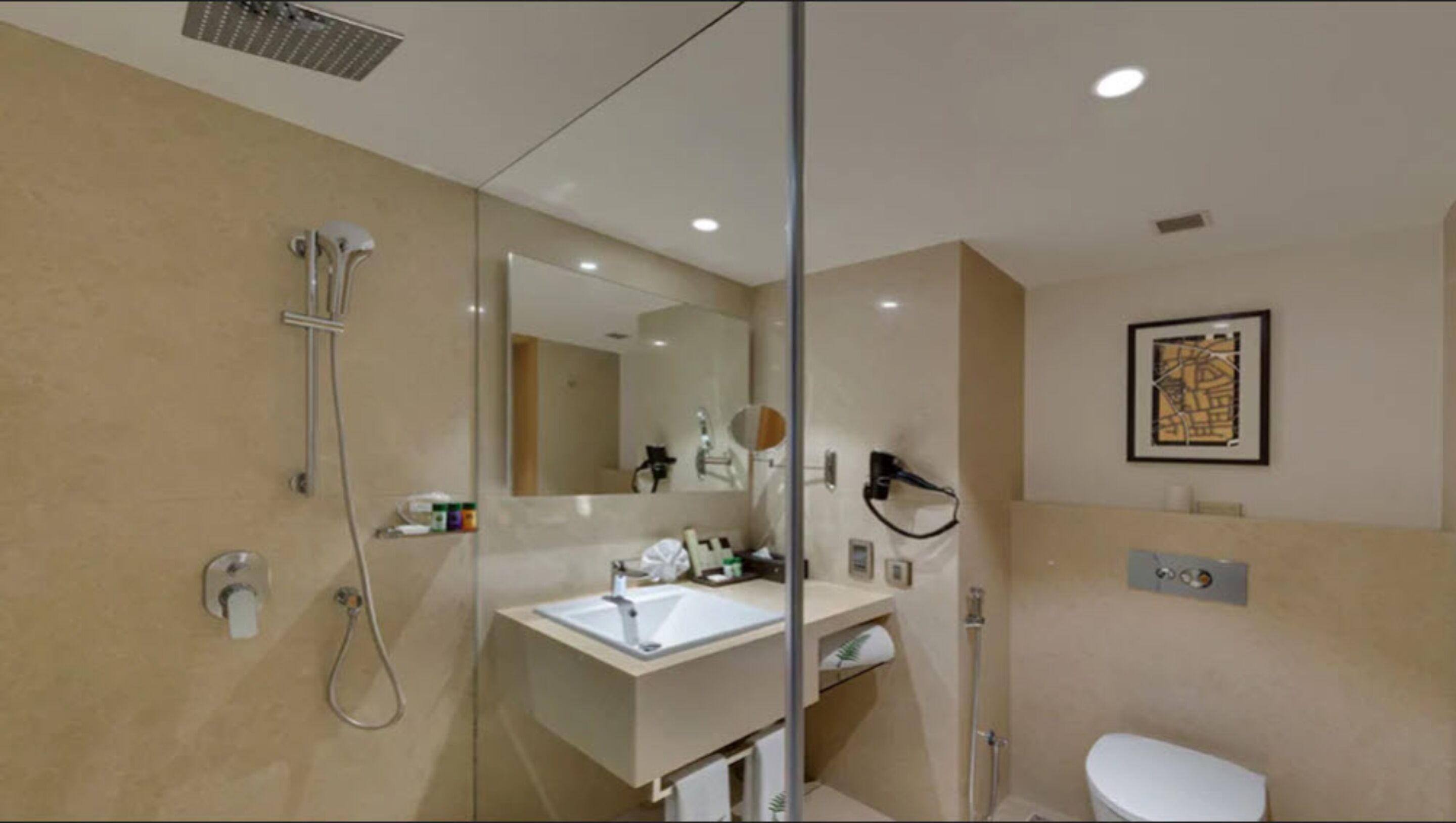 shower, free toiletries, hair dryer, slippers