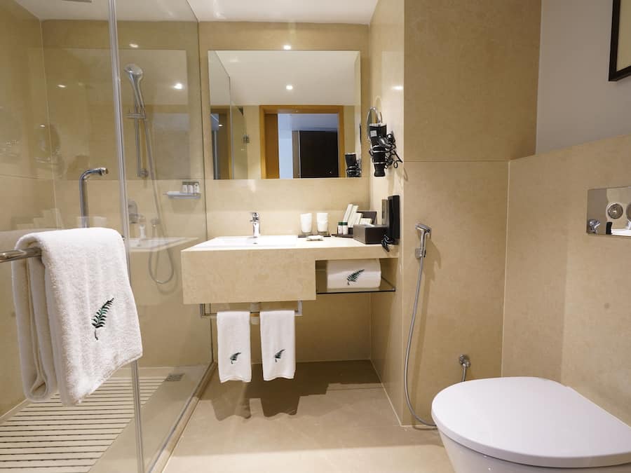 A modern bathroom with a glass-enclosed shower, a white toilet, and a vanity with a mirror and sink.