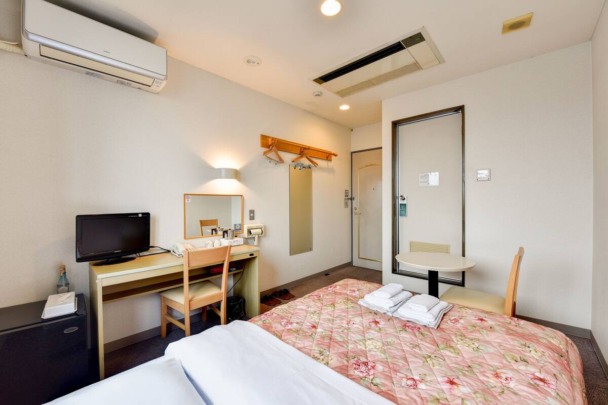 A hotel room with a bed, desk, chair, television, and a mirror.