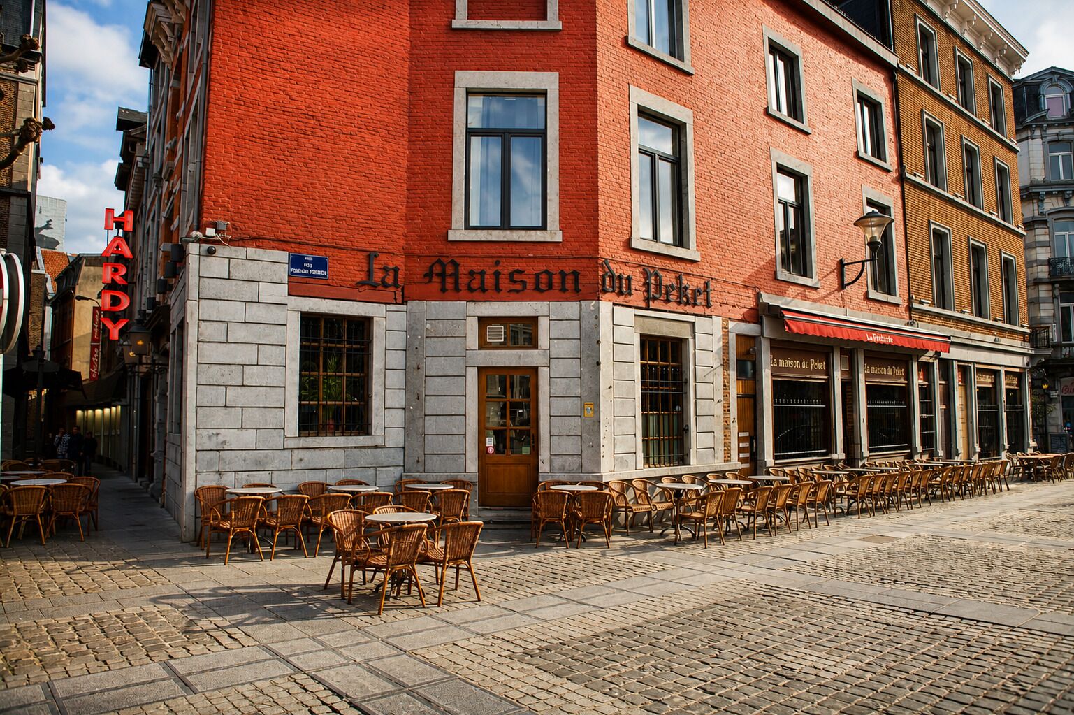 A red brick building with outdoor seating and a sign that reads 'La Maison du Pêcheur.'