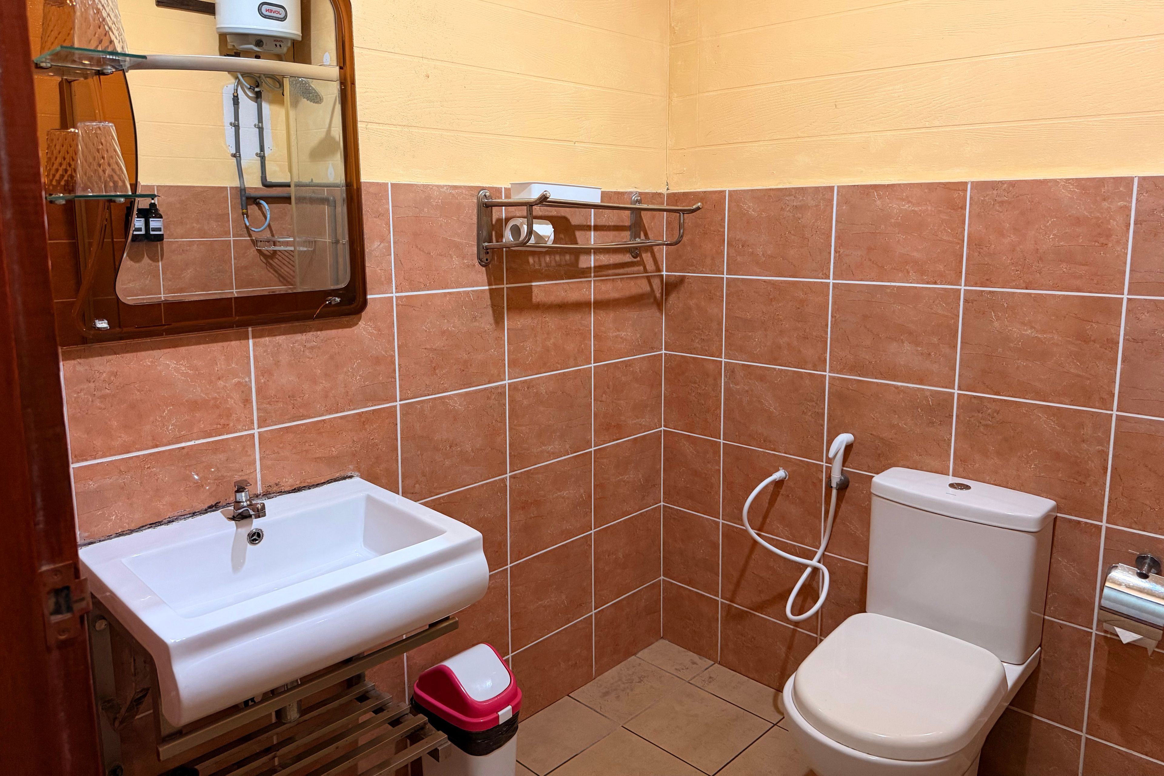 A bathroom with a white sink, toilet, and a mirror above the sink.