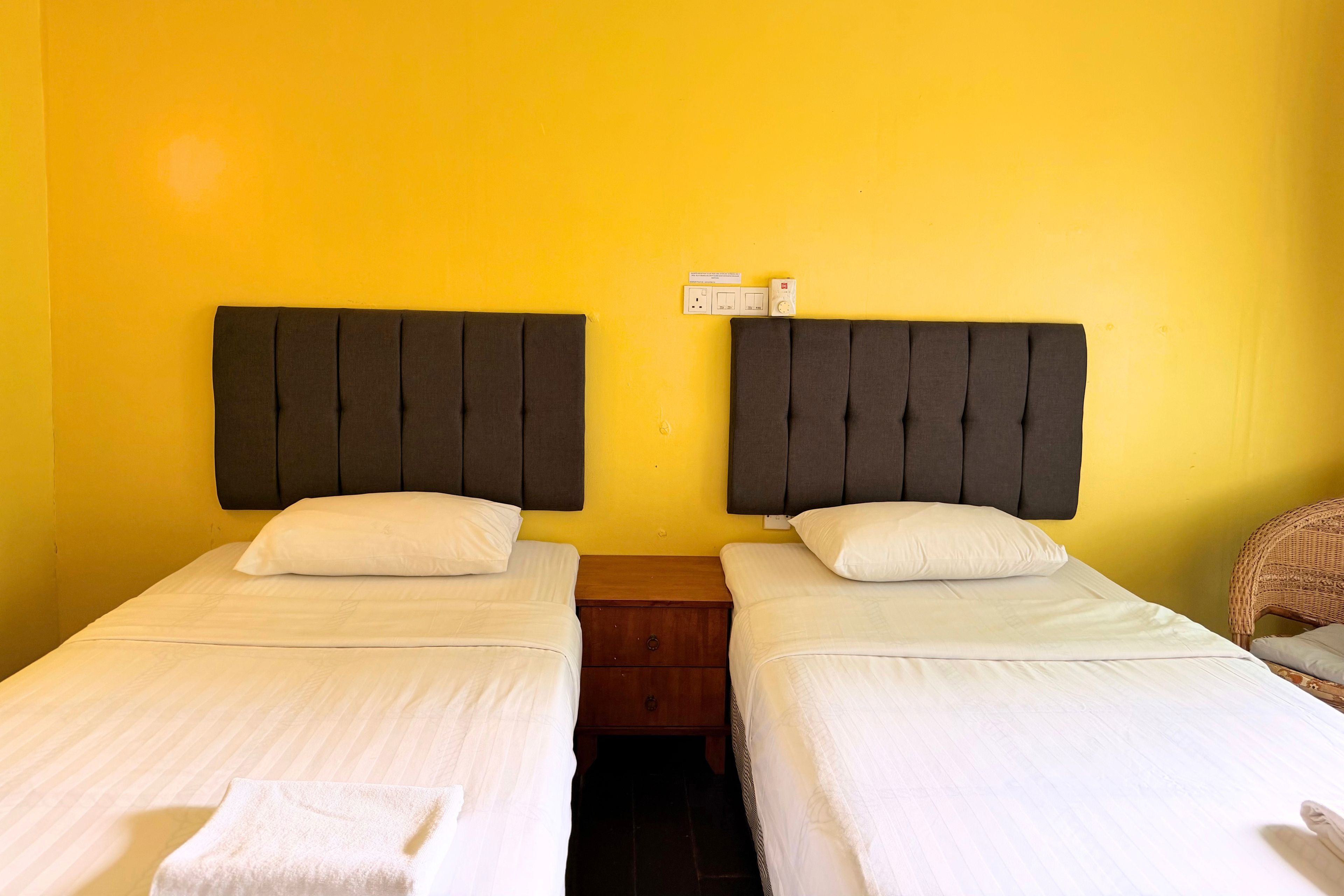 A room with two single beds, each with a headboard and pillow, against a yellow wall.