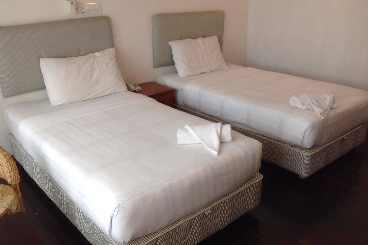 Two single beds with white linens and headboards, a bedside table with a phone, and a woven basket on the floor.