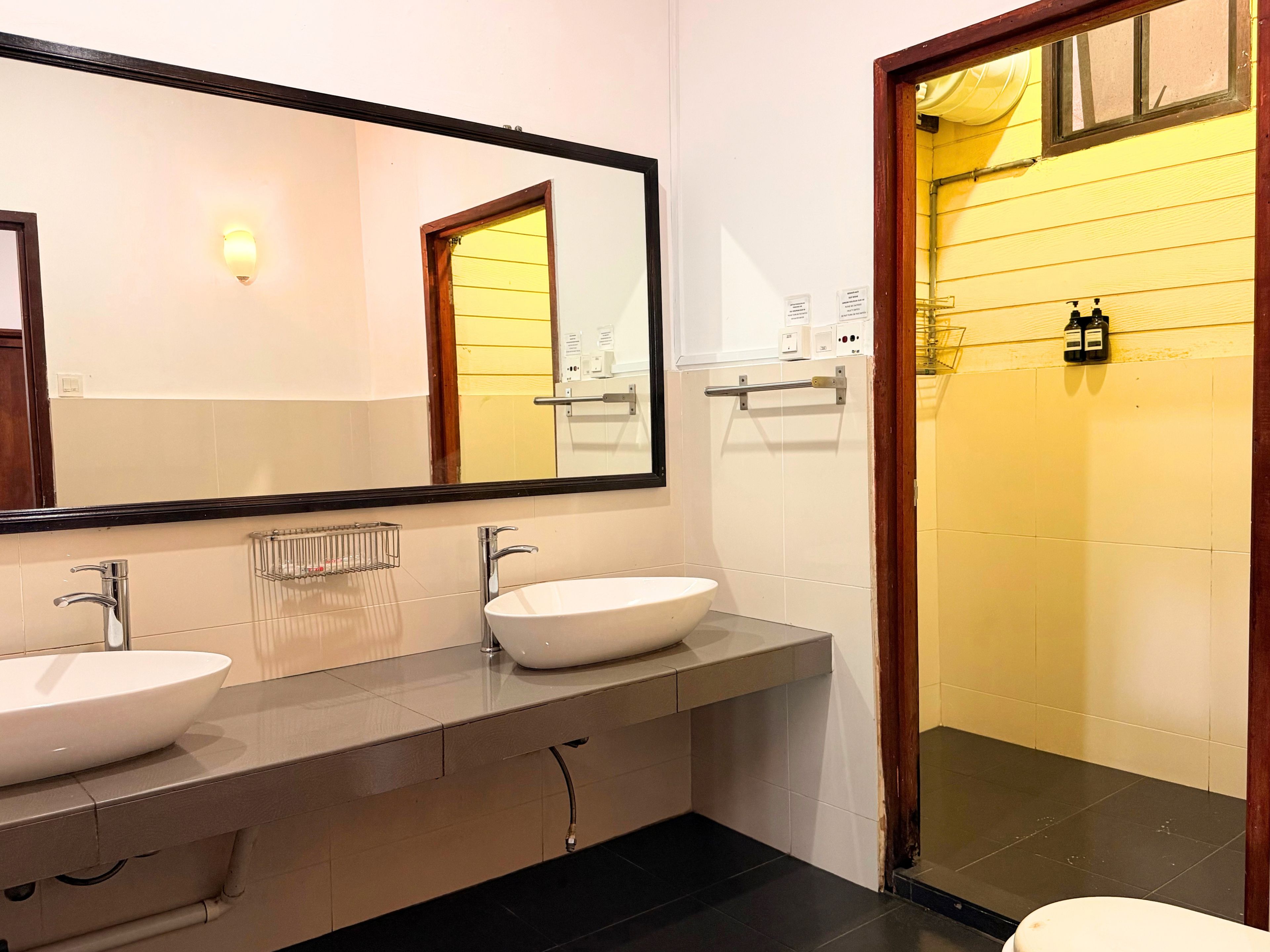 A bathroom with two sinks, a large mirror, and a shower area.