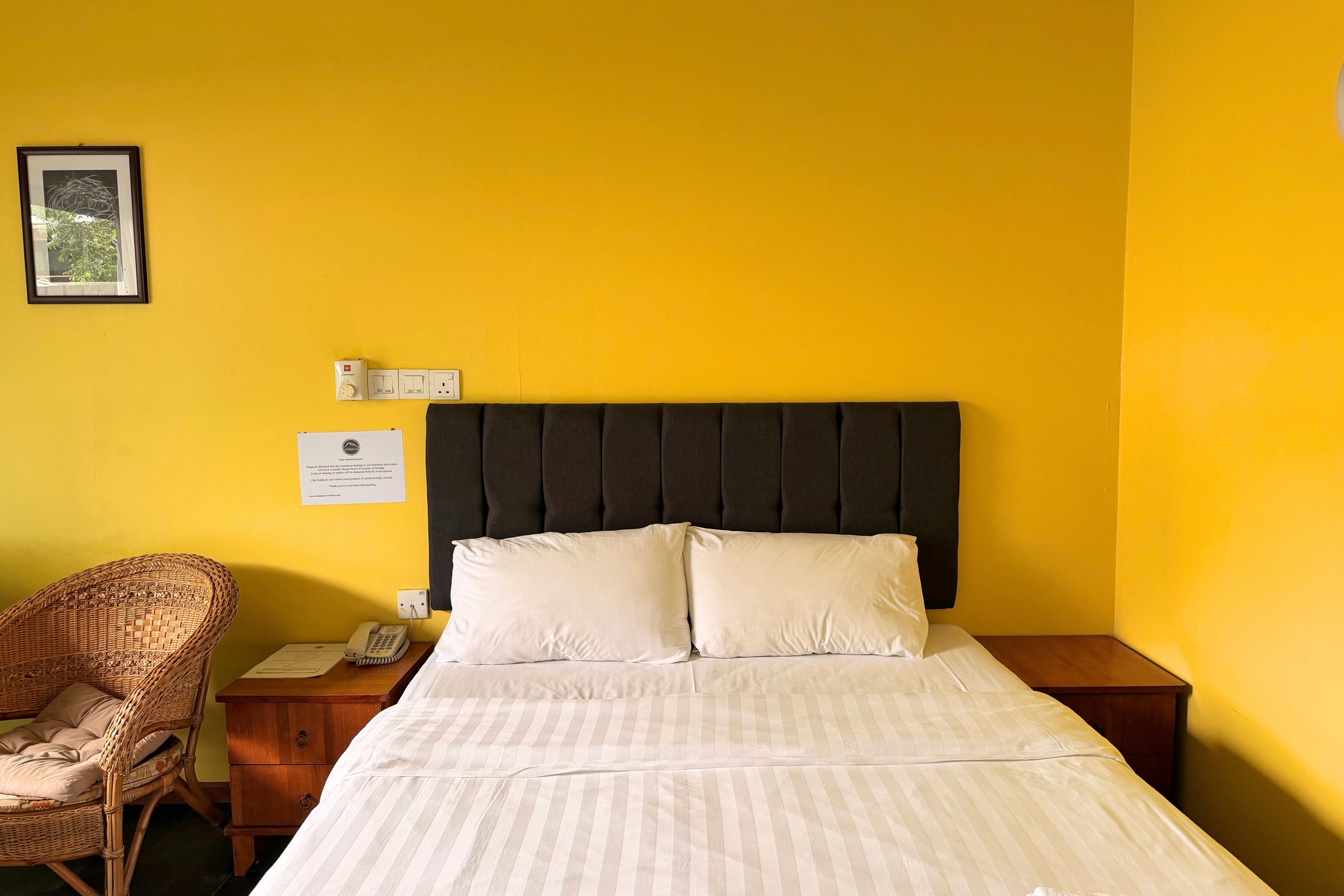 Uma cama de solteiro com cabeceira escura, duas almofadas, uma mesinha de cabeceira com um telefone e uma cadeira de vime.