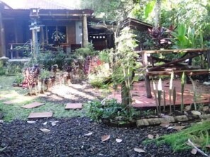 Un jardin où l’on trouve une grande variété de plantes et une terrasse en bois.