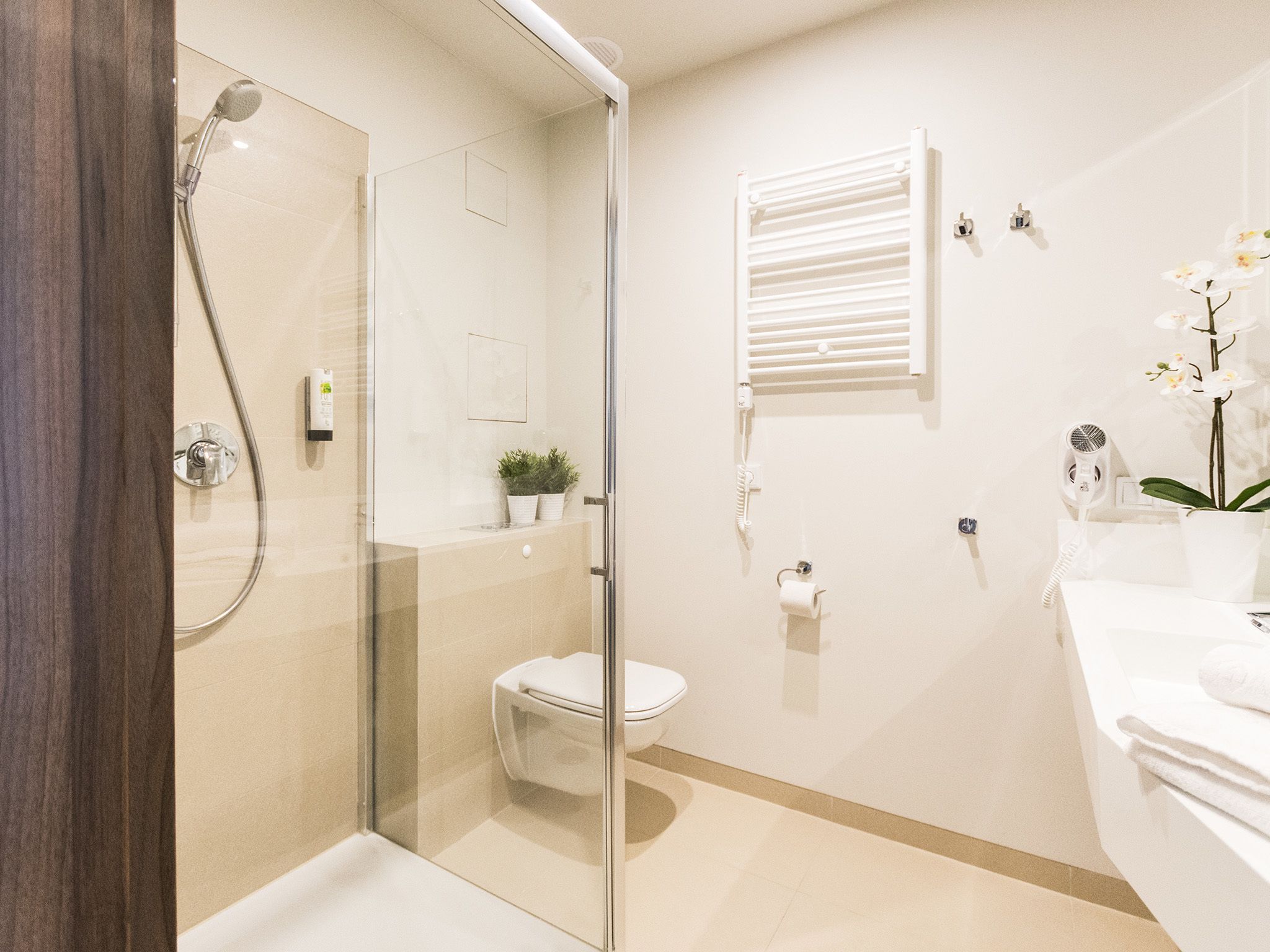 Ein modernes Badezimmer mit Duschkabine aus Glas, Toilette, Waschbecken und einer kleinen Topfpflanze.