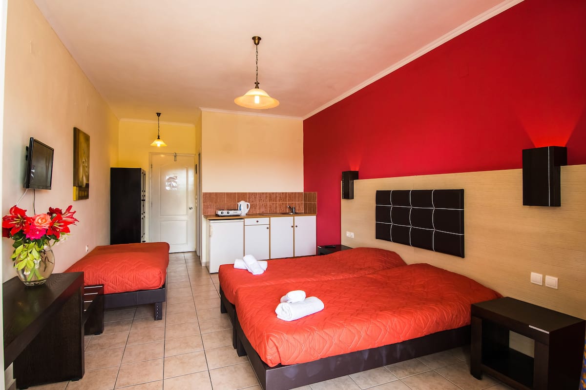 A hotel room with two beds, a kitchenette, a TV, and a vase with flowers.