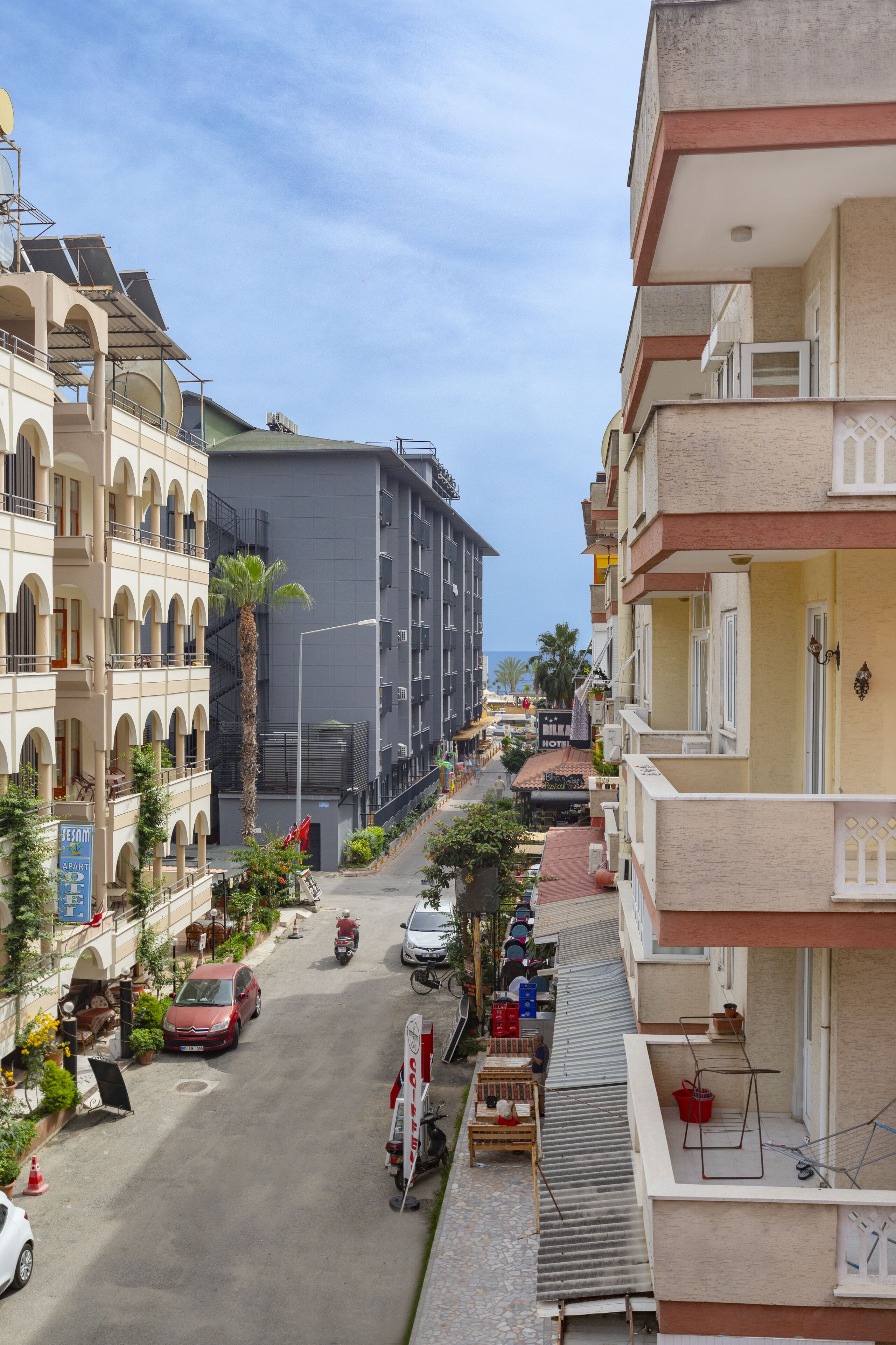 A street view with multi-story buildings, parked cars, and a palm tree.