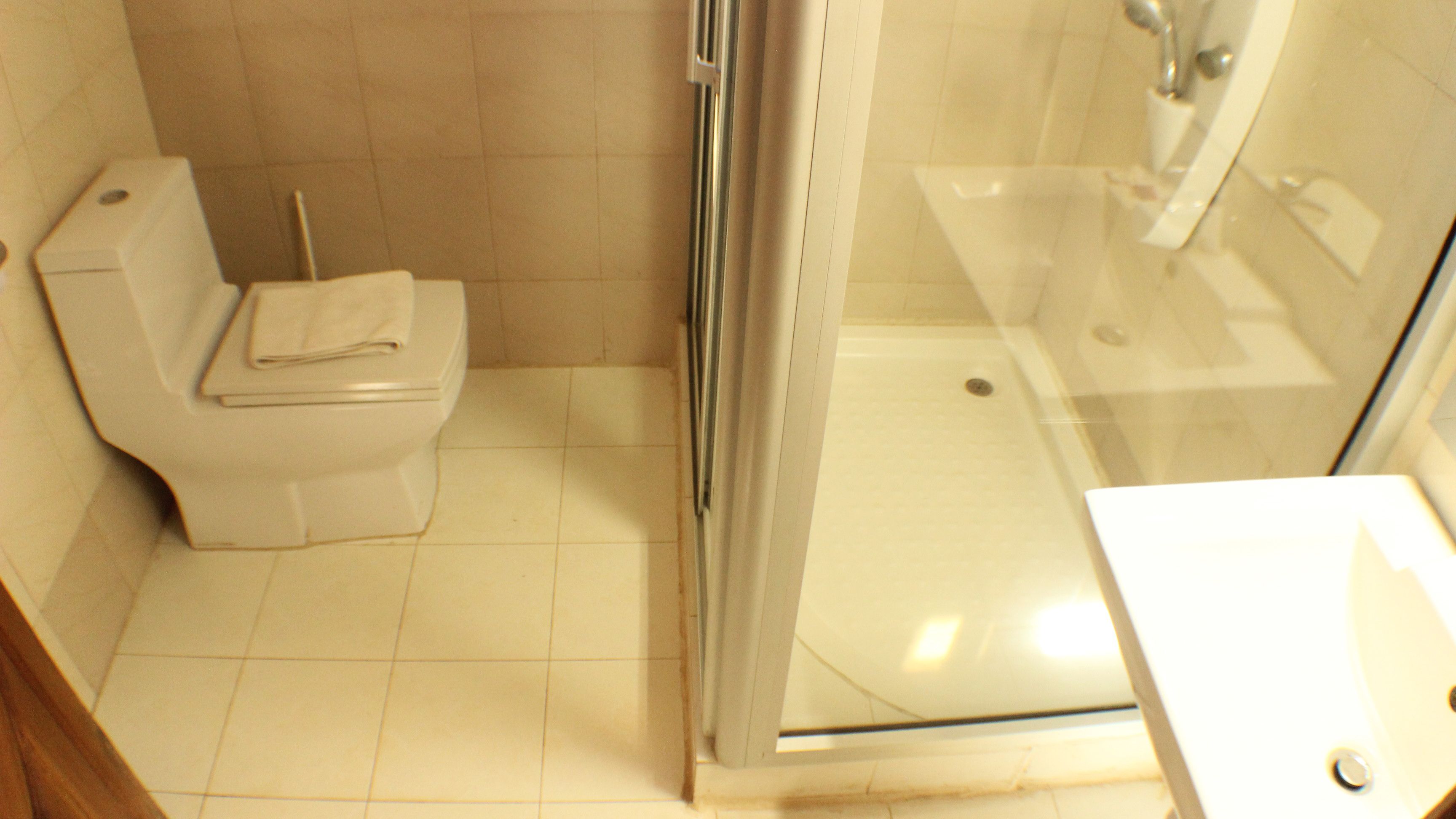Un bagno con il water, una zona doccia e un lavandino.
