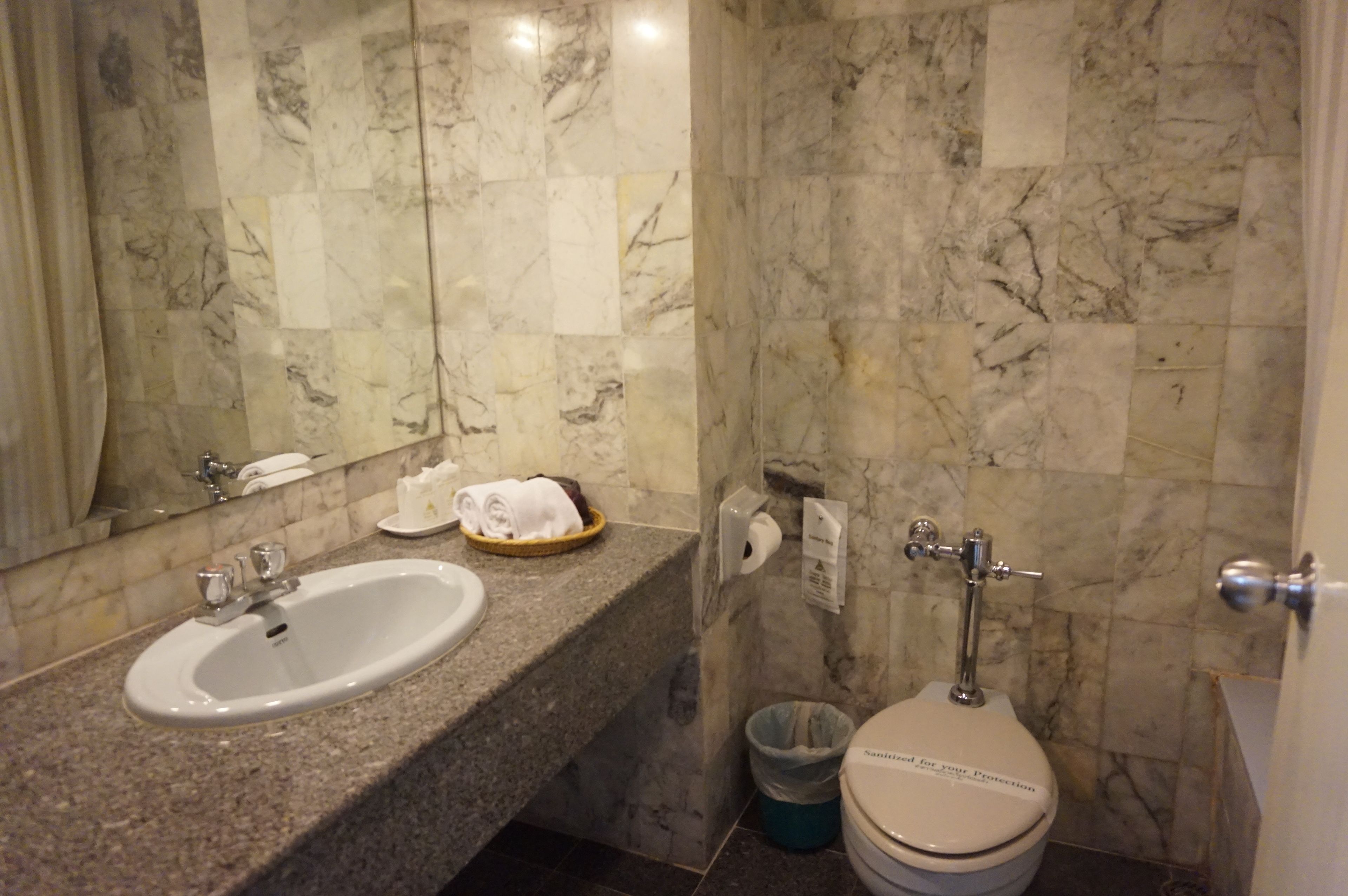 Een badkamer met een marmeren wastafel, toilet en een prullenbak.