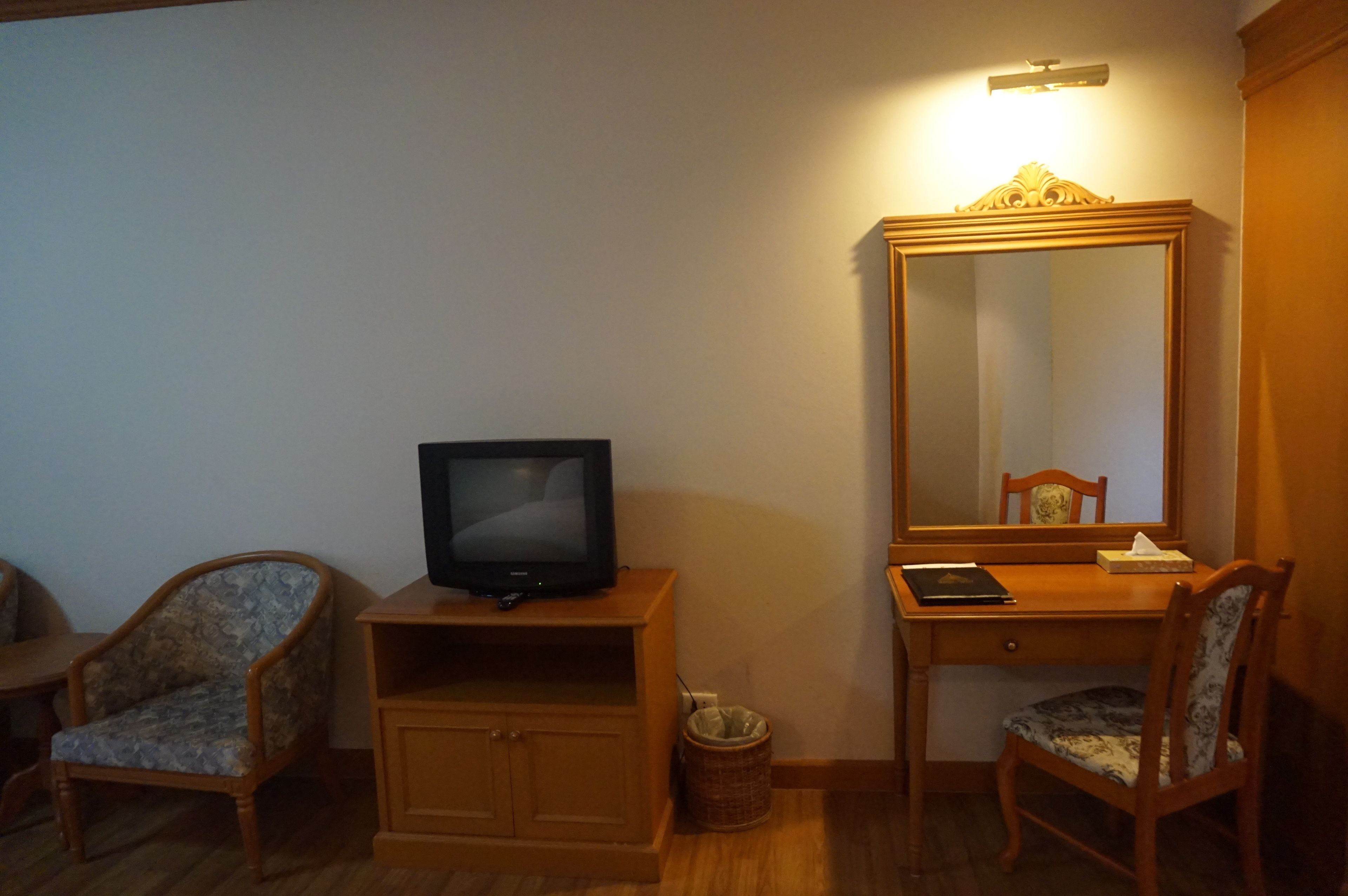 Una habitación con una televisión sobre un mueble de madera, un escritorio con una silla, un espejo y un cubo de basura pequeño.