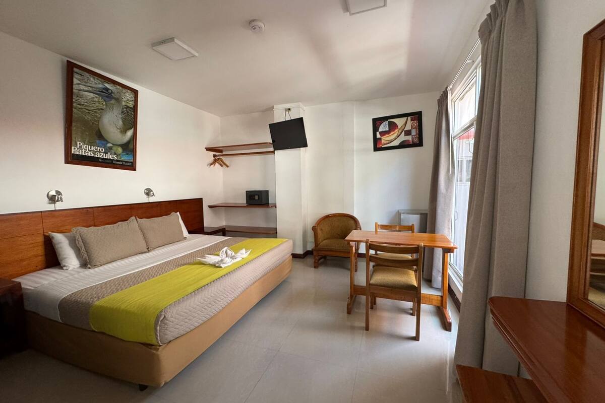 Une chambre d’hôtel avec un lit, un bureau, une chaise, une télévision et une fenêtre avec des rideaux.